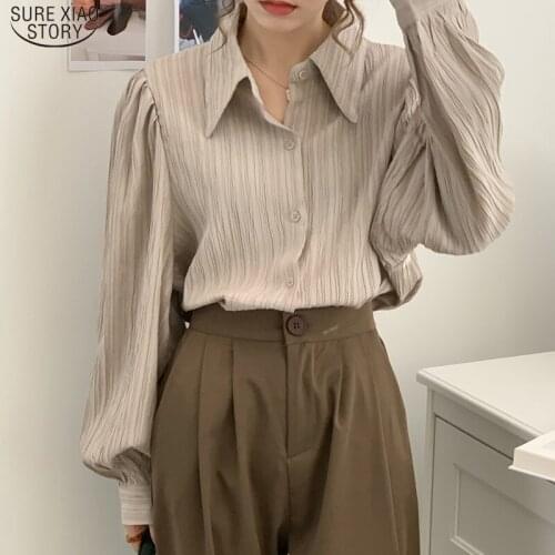2021 Fashion Pleated Women Blouses and Tops Casual Office Button Up Women Shirts Long Sleeve White Female Clothing Blusas 16316