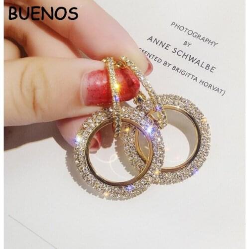 BUENOS Korean Fashion Jewelry Elegant Crystal Round Earrings Hoop Earrings Wedding Earrings for Women