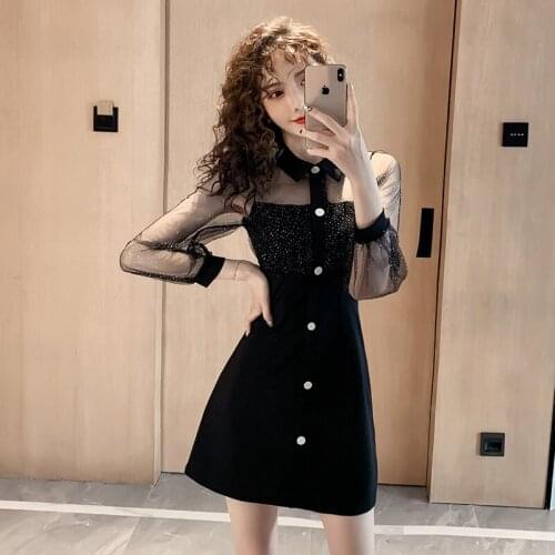 #5045 Spring Black See Through Mini Shirt Dress Spliced Mesh Lapel Collar Front Buttons Slim Short Party Dress Sexy A Line Dress