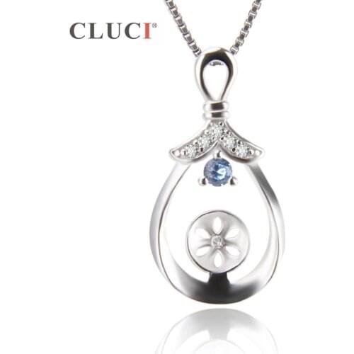 CLUCI 925 Silver Sterling water drop shaped Pendant Mounting with blue and white zircons for Women Pearl Necklace Making SP207SB