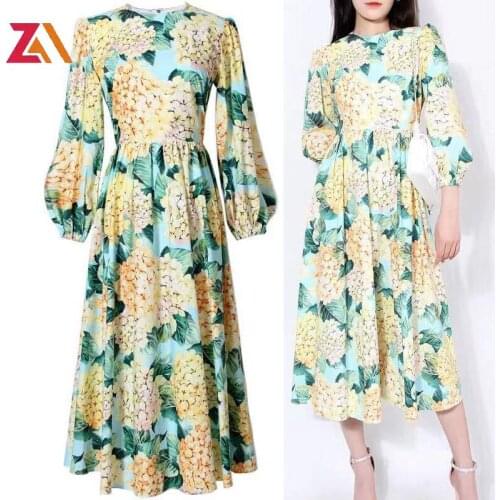 ZALady Designer Autumn Fashion Holiday Midi Dress Zevity Basic Elegant Long Sleeve Dress With Floral Pattern Vestidos Mujer robe