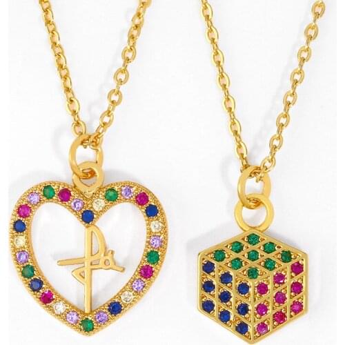 Crystal Rainbow Heart Pendant Necklaces For Women CZ Zircon Long Chain Square Necklace Gold Filled Wholesale Jewelry nkeq92