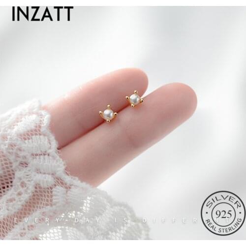 INZATT Real 925 Sterling Silver Minimalist Pearl Round Stud Earrings For Fashion Women Fine Jewelry Bohemian Accessories