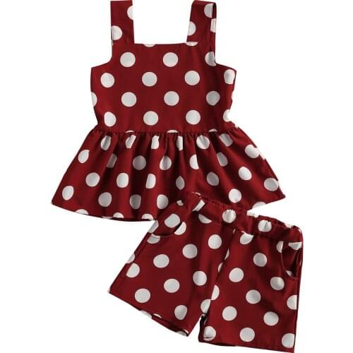 Summer Kids Girls Clothes 2-piece Polka Dot Outfits Sleeveless Strap Ruffles Vest Tops+Shorts Children Girls Sets 2-7Years