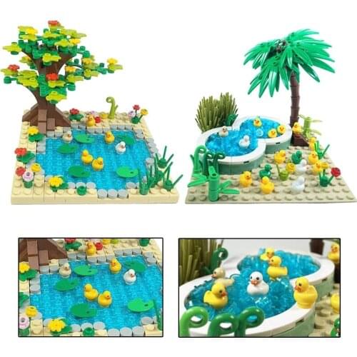 City Park Fountain Building Blocks DIY Swimming Pool With Cute Duck Bricks Plants Trees Flowers Grass Pond Accessories Toys