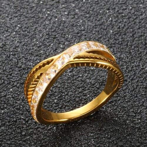 Fashion Cross CNC Geometric Crystal Zircon Rings Women Men Simple Stainless Steel Gold-plated Elegant Engagement Wedding Jewelry