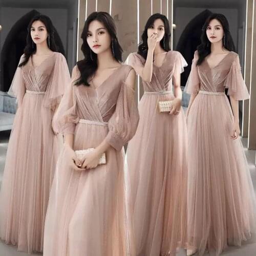 Bridesmaids Dresses V-Neck Tulle Pleat Off The Shoulder A-Line Floor-Length Three Quarter Vintage Women Wedding Party Gown E462