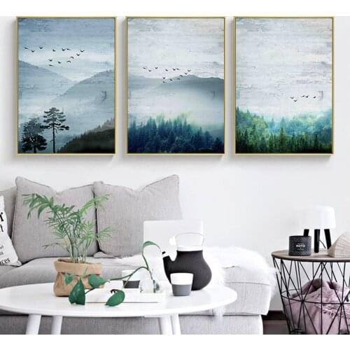 Nordic Style Posters and Prints Forest Landscape Canvas Painting Nature Birds Modern Home Decoration Living Room Wall Artwork