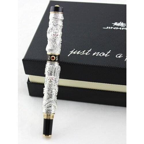 Jinhao Vintage Luxurious Fountain Pen Double Dragon Playing Pearl, Silver Metal Carving Embossing Heavy Pen for Office