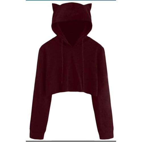 Long Sleeve Hooded Sweater New Arrival Solid Color Hooded Sweater Women Autumn Spring Cute Cat Ears Slim Short