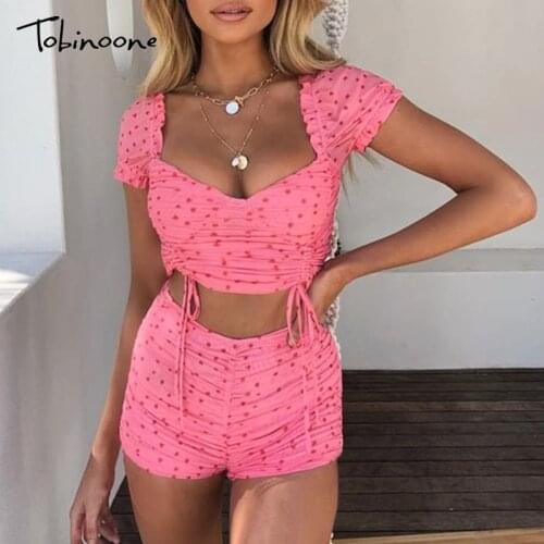 Tobinoone Summer High Waist Vintage Women Top and Pants Set Short Sleeve Sexy Two Piece Set Polka Dot Deep v neck Women Set