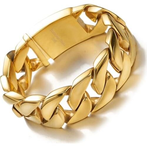 Heavy Jewelry Mens Womens Bracelet 316L Stainless Steel Bracelet Wide 26mm Gold Cuban Curb Chain Bangle 8.46 inch