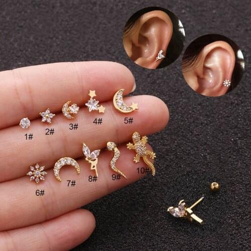 High Quality Stainless Steel Flower Heart Moon Star Piercing Cz Ear Studs Helix Piercing Cartilage Earring Tragus Conch Jewelry