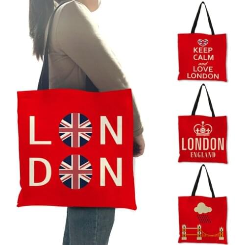 Bright Red Color Handmade Tote Bag Letter London Moscow Printed Handbag Good Quality Linen Folding Travel Picnic Outdoor Package