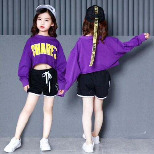 Girls Hip Hop Clothes Dance Costumes Purple Loose Crop Top T Shirt Ballroom Dancing Shorts Modern Show Stage Clothing Streetwear