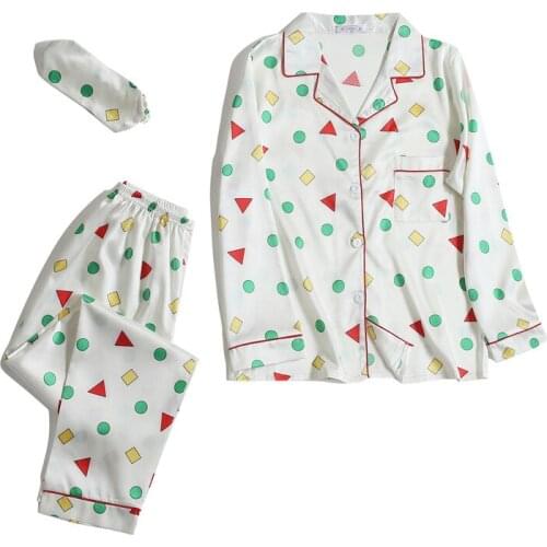 2021 Womens pajamas Silk long-sleeved Sleepwear ladies cartoon geometric trousers Suits Satin Sexy Home Clothes 2 PCS Homewear