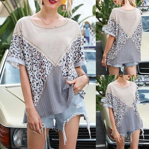 Women Casual Thin Short Sleeve Color Block Leopard Print O Neck Leisure T-Shirt Tops Blouse