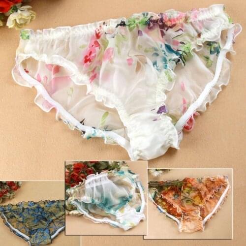 Quality Pure silk Floral Panties Women 100% Mulberry Silk Sexy lotus leaf Laciness Georgette Briefs M/L/XL/XXL FREE SHIPPING