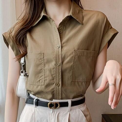 2021 Womens Summer Loose Shirts Blusas Female Tops Ladies Button Chiffon Bat Sleeve Solid White Sleeveless Dropshipping 0627