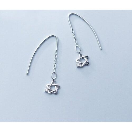 MloveAcc 100% 925 Solid Real Sterling Silver Hollow Star with CZ Dangle Earring for Women Girl Lady Madam Jewelry