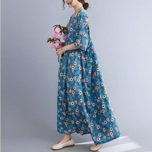 2021 Summer Female Sundress Loose Floral Print Dress Cotton Larger Size Dress Women Beach Holiday Maxic Casual Dress