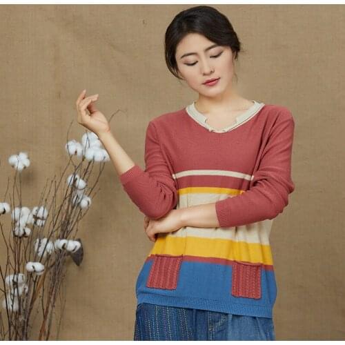 Women Loose Sweater Casual cotton Soft Pullovers Knitting V-Neck Female Sweaters long Sleeve stripe autumn sweater women