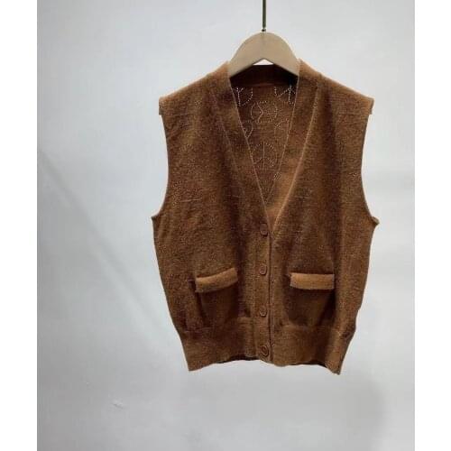 Womens V-Neck Knitted Vest Sweater 2021 Early Autumn Ladies Sleeveless Simple Hollow Out Single Breasted Cardigan with Pockets