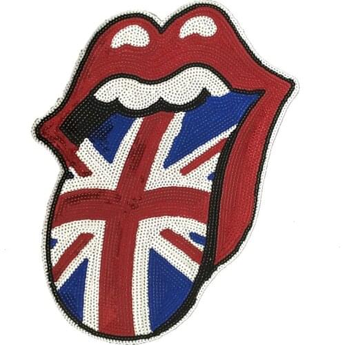 2019 New Custom Union Flag Tongue Sequined Sew on Iron on Patches for Clothes 35.5x26cm Big Lips Sequins Appliques Sewing DIY