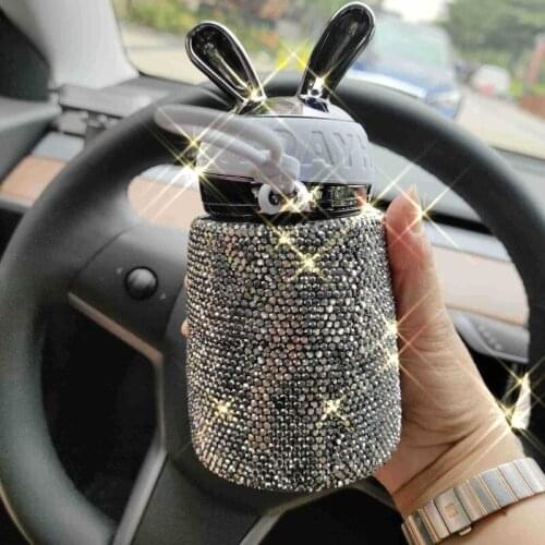 Shiny cute water bottle stainless steel insulated coffee cup with lanyard cartoon bunny diamond kawaii bottle portable thermos