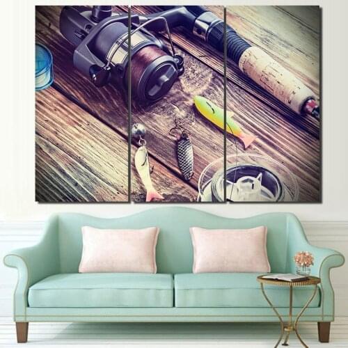 Modern HD Printed Wall Art Framework Canvas Pictures 3 Pieces Pulley Fishing Rod Hook Fish Formwork Paintings Posters Home Decor