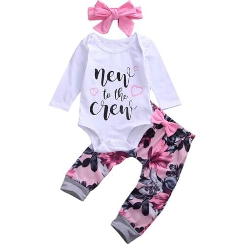 Newborn Infant Baby Girls Floral Letter Romper Long Pants Bow Headband Princess Cotton Outfits Autumn Spring Clothes Set 0-18M