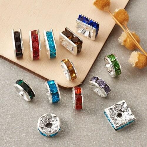 100pcs/box 8mm Silver Color Square Rondelle Rhinestone Spacer Beads For Jewelry Making DIY Bracelet Necklace Accessories Supplie