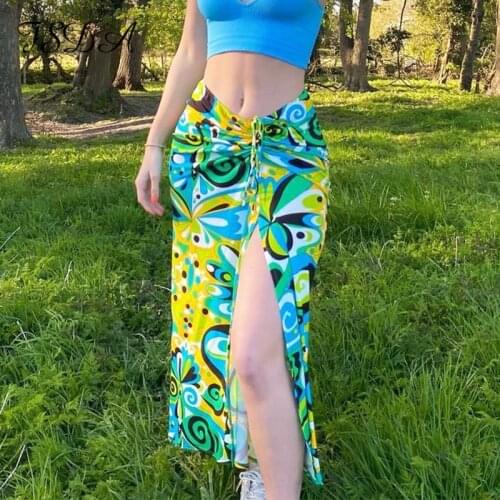 FSDA 2021 Summer Green Print Midi Bodycon Skirt Women Split High Waist Ruched Casual Y2K Bandage Beach Sexy Pencil Skirts