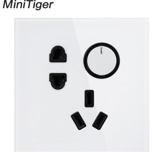 Minitiger 10A Wall Electrical Power Socket 5 hole Power Outlet and 1 Gang 1 Way Wall Light Switch White Crystal luxury glass