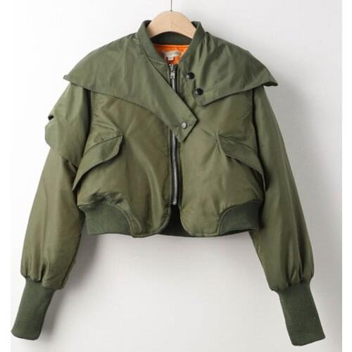 New Cotton Coat Womens Winter Short Jacket Stand Collar Korean Casual Jacket Zipper Cotton Padded Warm Outwear Green Parkas