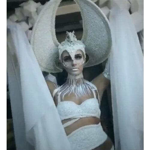 New Design DS Women Clothes With Wings Headwear DJ Ballroom Costume White Sexy Lady Stage Performance Party Dance Team Suit