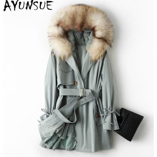 AYUNSUE Womens Winter Parkas Warm Thick Real Rabbit Fur Liner Jacket 2021 Hooded Raccoon Fur Collar Coat Casaco Feminino Gxy499