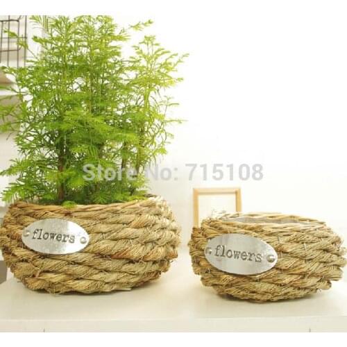 Restro Old Woven Desktop Flower Planter With Waterproofer Tub Round Bucket Shape With English Letters Logo Old Style 20*14.5cm