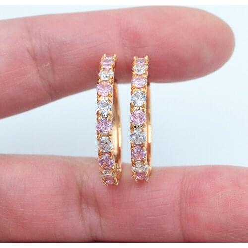 Gold Color Women White Pink Cubic Zirconia CZ Huggie Hoop Earrings