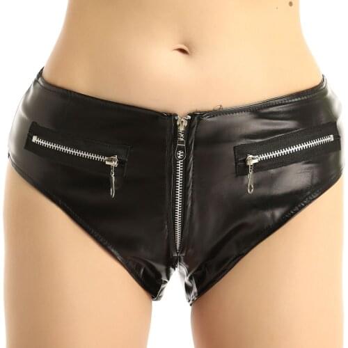 Womens Pole Dance Shorts Patent Leather Zipper Closure Wet Look Rave Booty Shorts Low Waist Hot Pants for Stage Performance