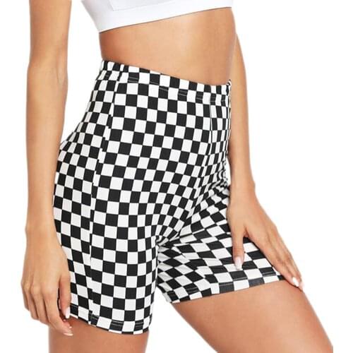 Summer Ladies Breathable Shorts Girls Simple Style Square Plaid Pattern High Waist Slim Shorts Female Casual Yoga Shorts