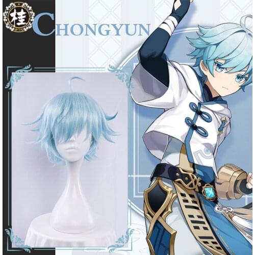 UWOWO Game Genshin Impact Chongyun Cosplay Wig Chong Yun Cosplays 30cm Long Hair Ice Blue Hair