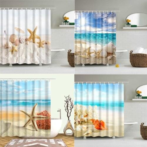 Shower Curtain Sea World Sand Conch Starfish Shell Beach Ocean Decor Shower Curtain with Hooks