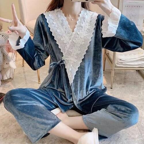 Womens Pajamas Autumn Winter Sleepwear Gold Velvet Long-Sleeve Trousers Solid Color V-Neck Lace Trim Cute Loose Casual Homewear