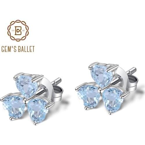 GEMS BALLET 925 Sterling Silver Leaf Clover Stud Earrings 1.89Ct Natural Heart Sky Blue Topaz Earrings for Women Fine Jewelry