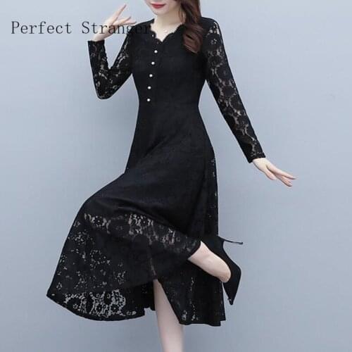 2021 Autumn Winter New Arrival High Quality Retro Korean V Collar Long Sleeve Collect Waist Women Long Lace Dress