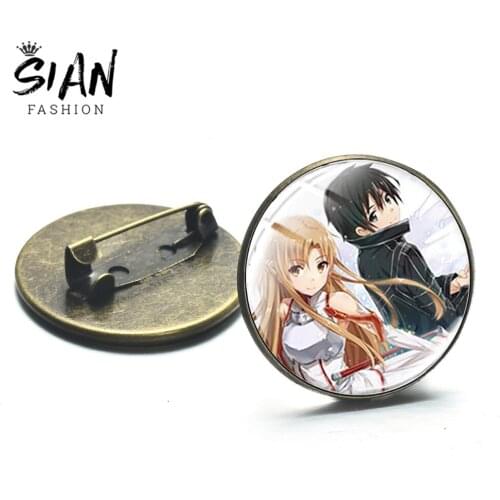 SIAN Sword Art Online Badge SAO Kirigaya Kazuto Brooch Pin Yuki Asuna Collection Badge Round Glass Cabochon Bronze Silver Plated