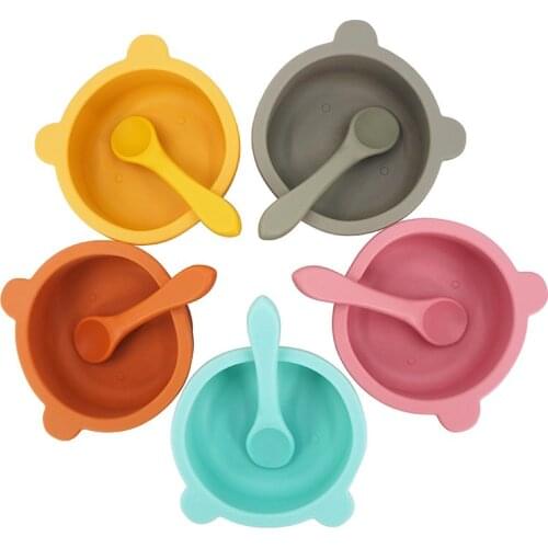 Chenkai 5Set 9 Color Baby Feeding Bowl Bear Shape Food Grade Silicone Anti-Flip Suction Tableware Infant Waterproof Bowl Spoon