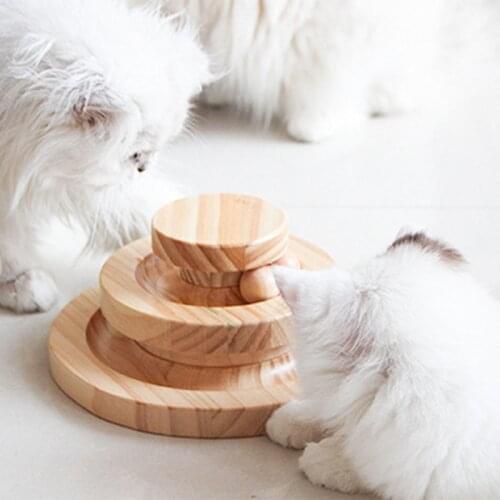 Wooden 2/3 Levels Pet Cat Toy Tower Tracks Disc Cat Intelligence Amusement Triple Play Disc Cat Toys Ball Training Toys