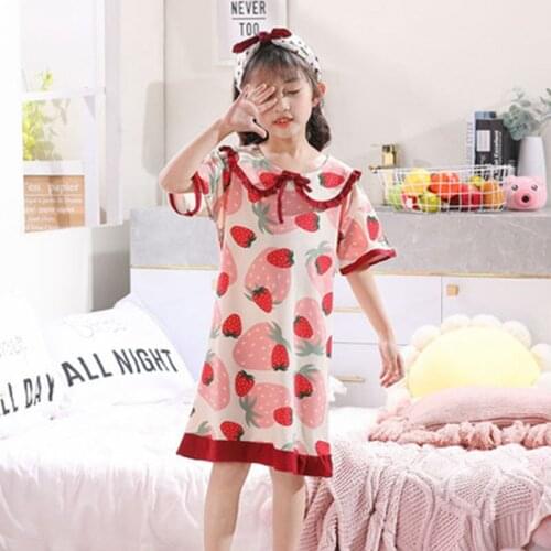 Strawberry Children Girls Cute Dress Princess Sleepshirts Lace Ruffle Nightgowns Print Toddler Kids Nightdress Sleep Loungewear